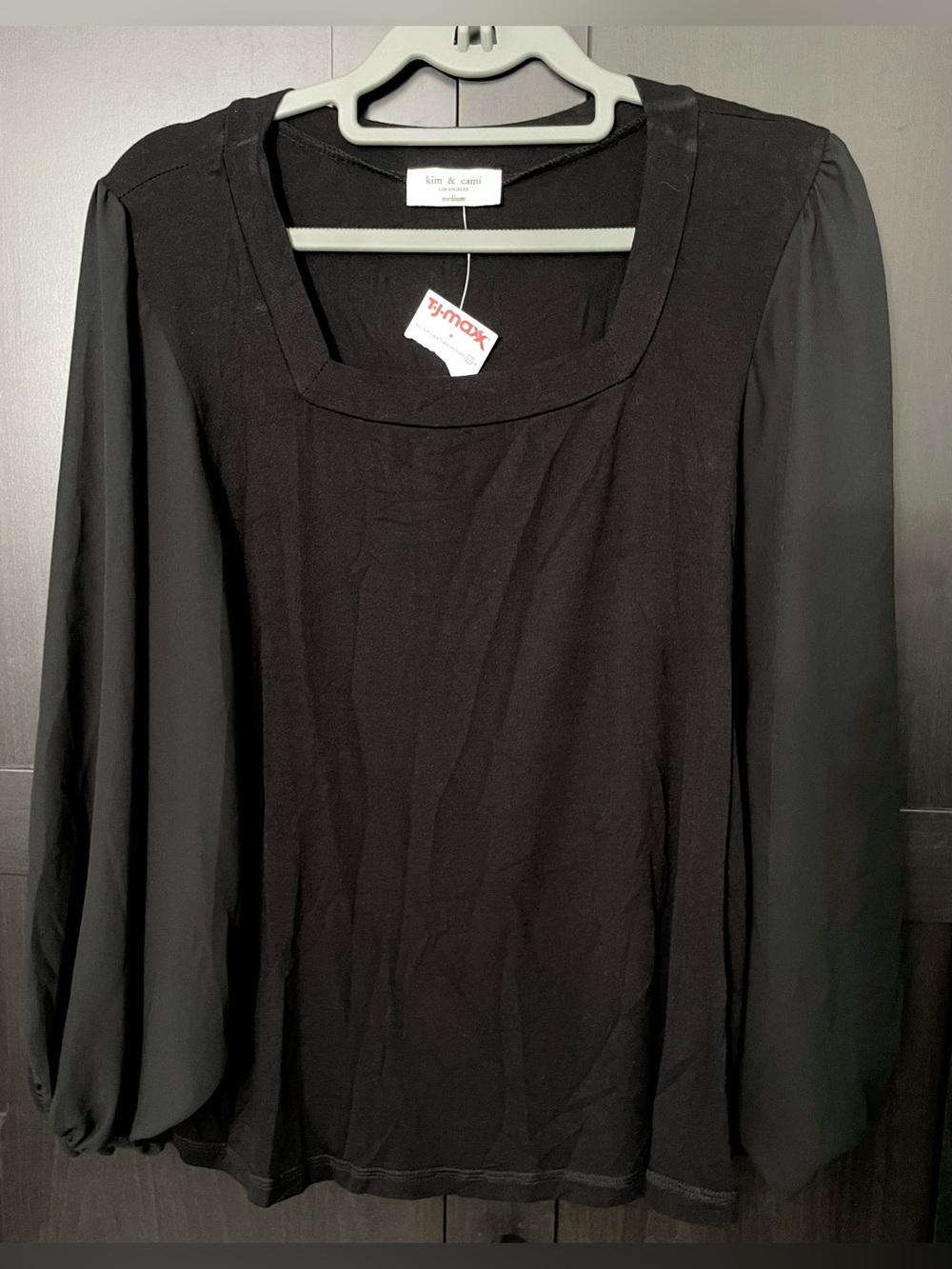 Kim & Cami ~ Black Square Neck Blouse with Sheer Puff Sleeves NWT - M